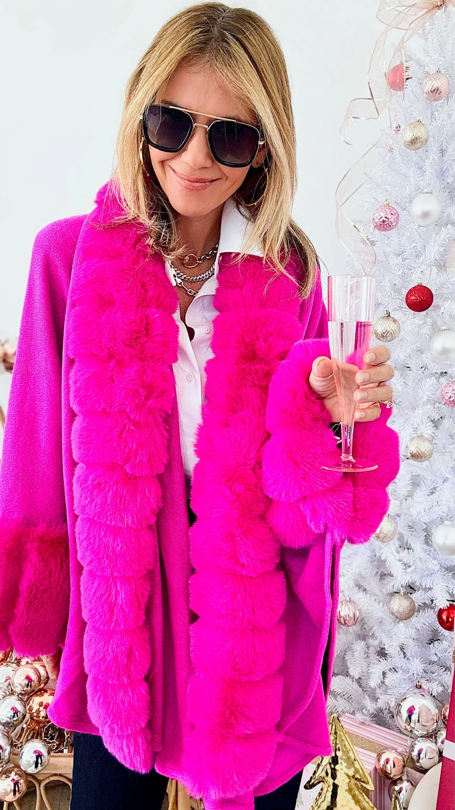 Faux Fur Poncho - Fuchsia