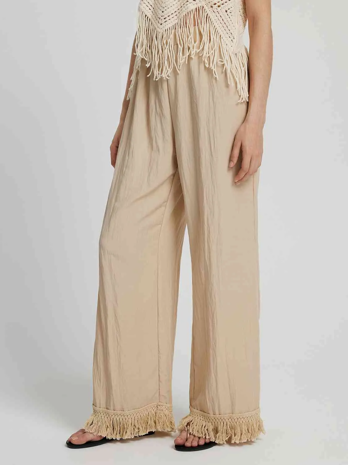 Fringe Hem Wide Leg Long Pants