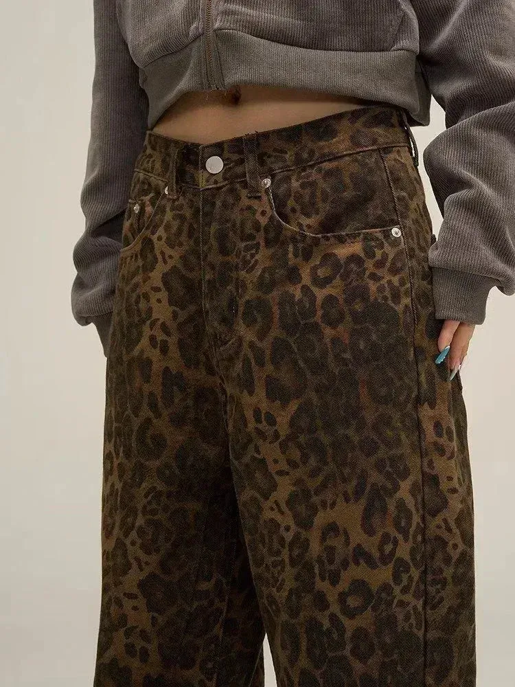 Girlary 2024 New Tan Leopard Jeans Women Denim Pants Female Oversize Wide Leg Trousers Streetwear Hip Hop Vintage Clothes Loose Casual