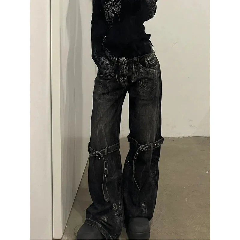 Girlary Black Women's Jeans High Waist Hip Hop Straight Fashion Pants Streetwear Harajuku Y2K Star 2024 Female Wide Leg Denim Trouser