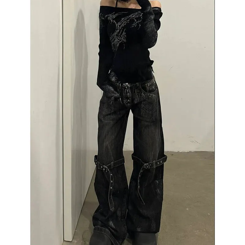 Girlary Black Women's Jeans High Waist Hip Hop Straight Fashion Pants Streetwear Harajuku Y2K Star 2024 Female Wide Leg Denim Trouser