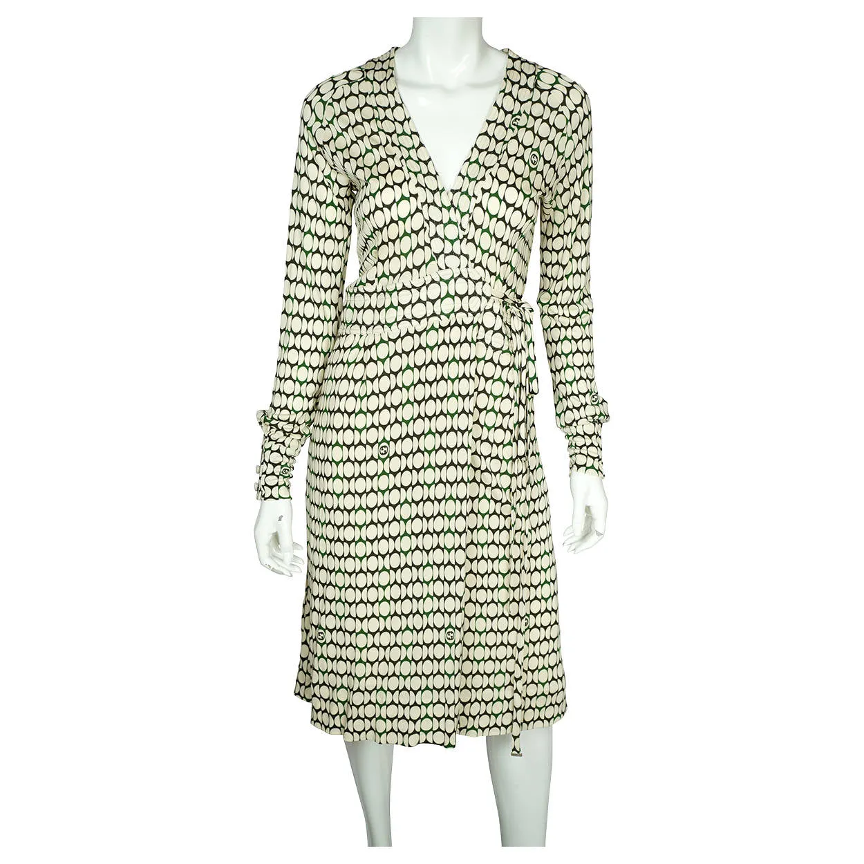 Gucci Logo Wrap Dress White Circles Green &amp; Black Made in Italy Size M