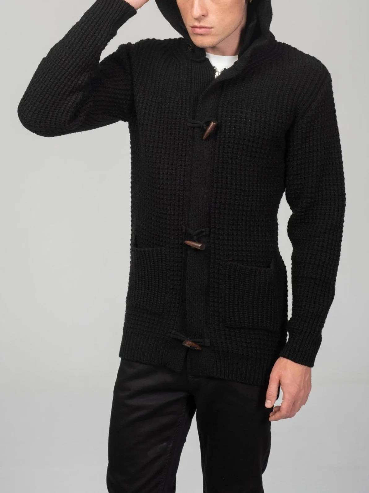 Hooded Fitted Lumber Cardigan - Black