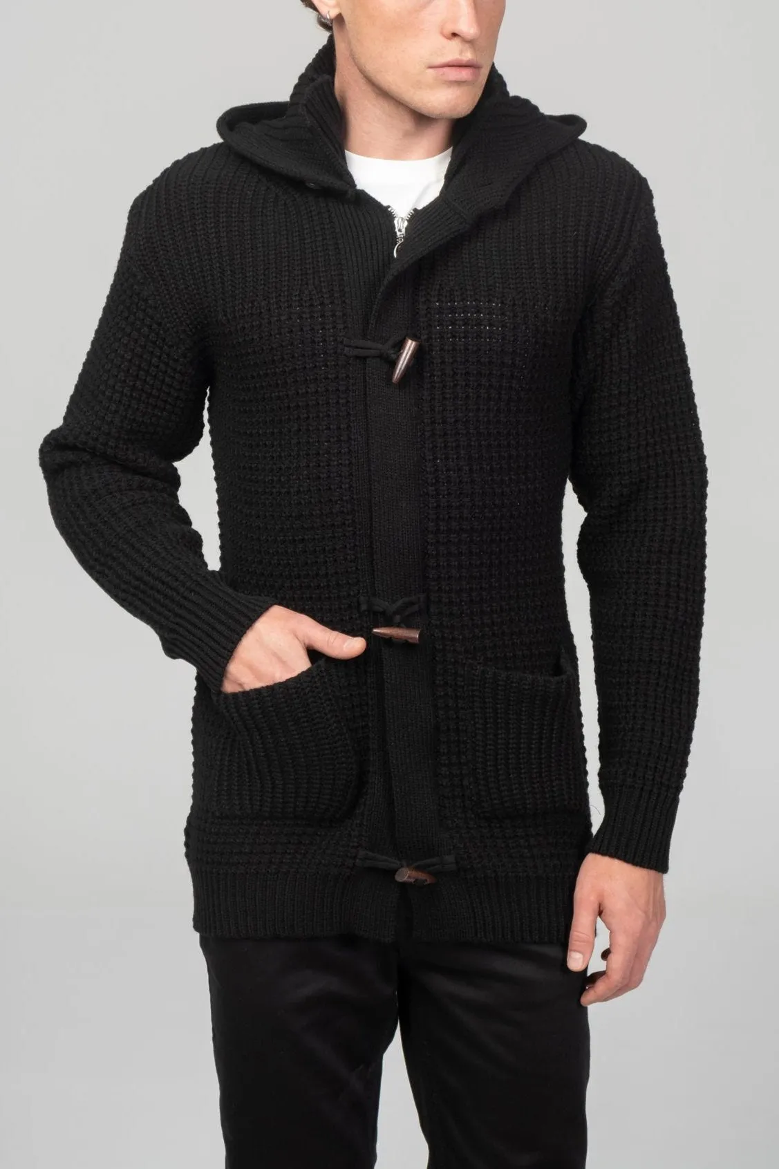 Hooded Fitted Lumber Cardigan - Black