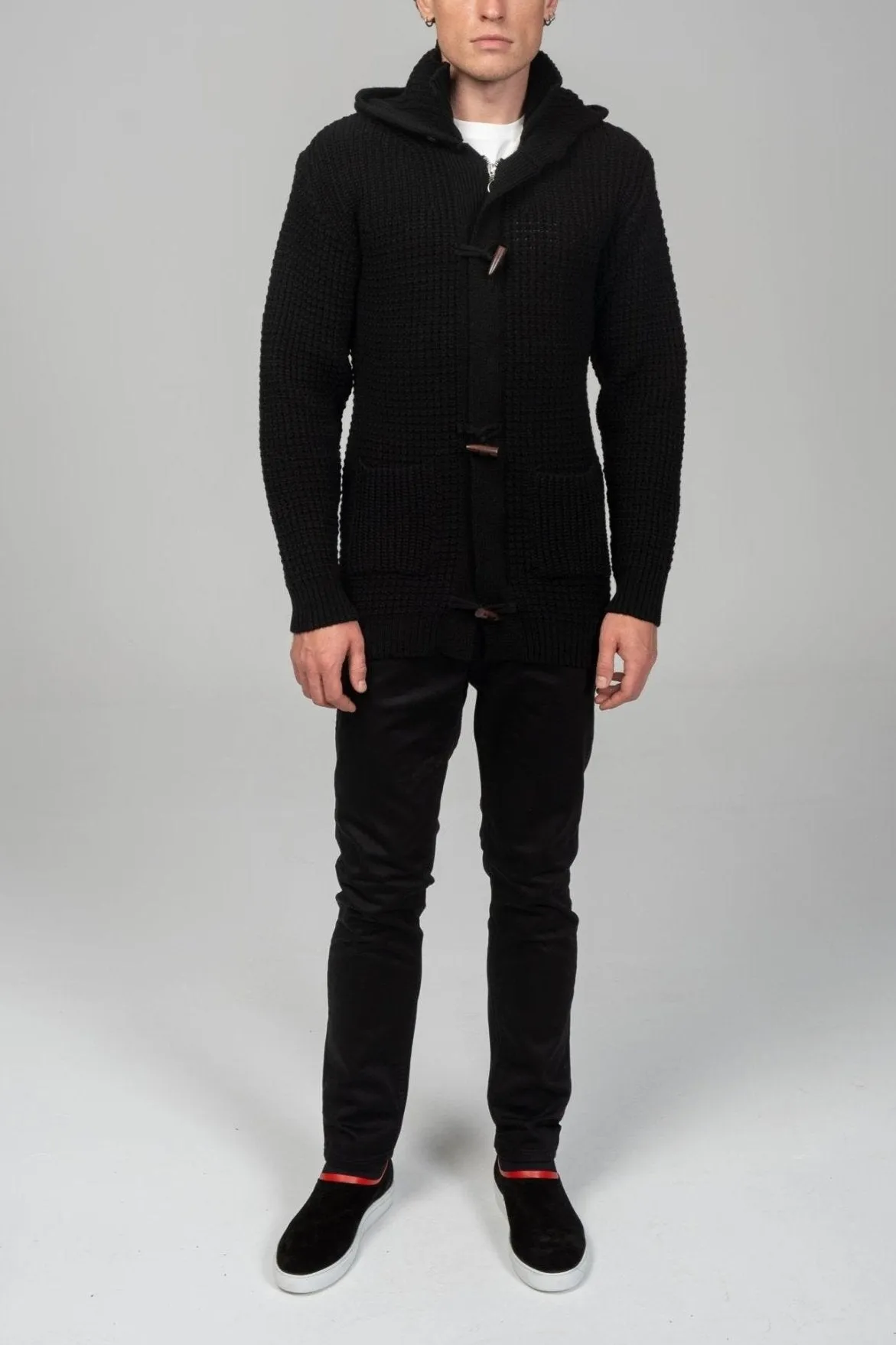 Hooded Fitted Lumber Cardigan - Black