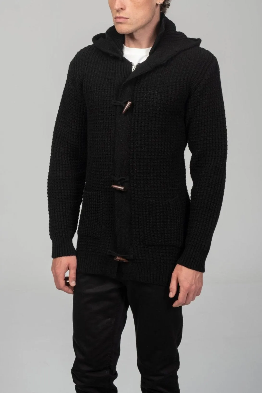 Hooded Fitted Lumber Cardigan - Black