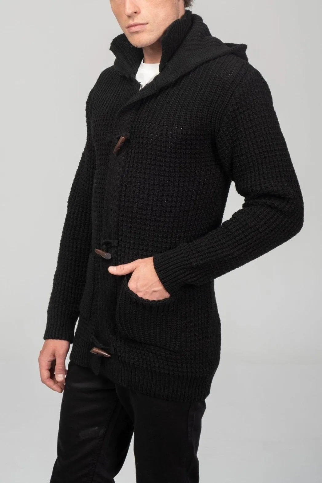 Hooded Fitted Lumber Cardigan - Black