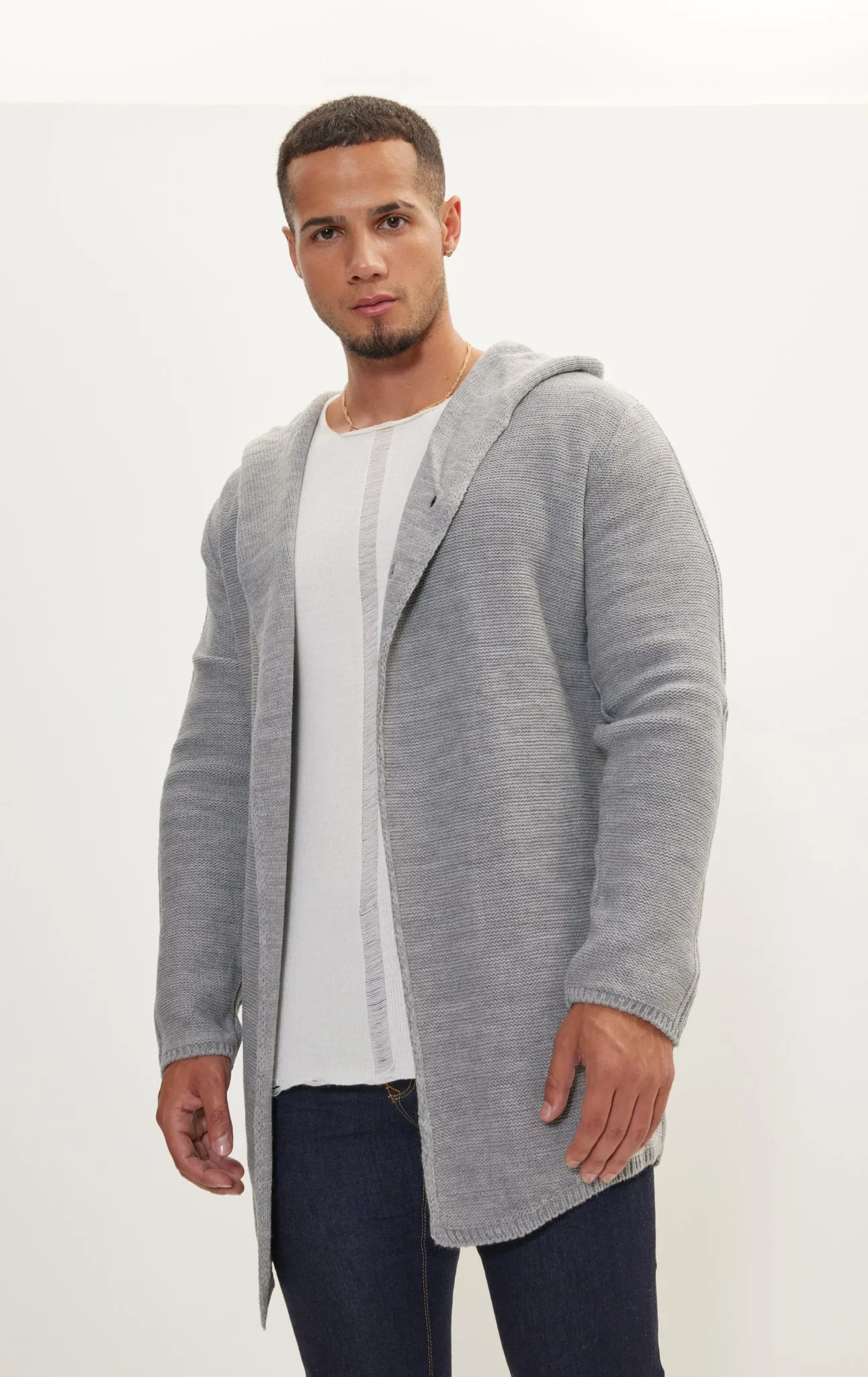 Hooded Two Button Knit Cardigan - Grey