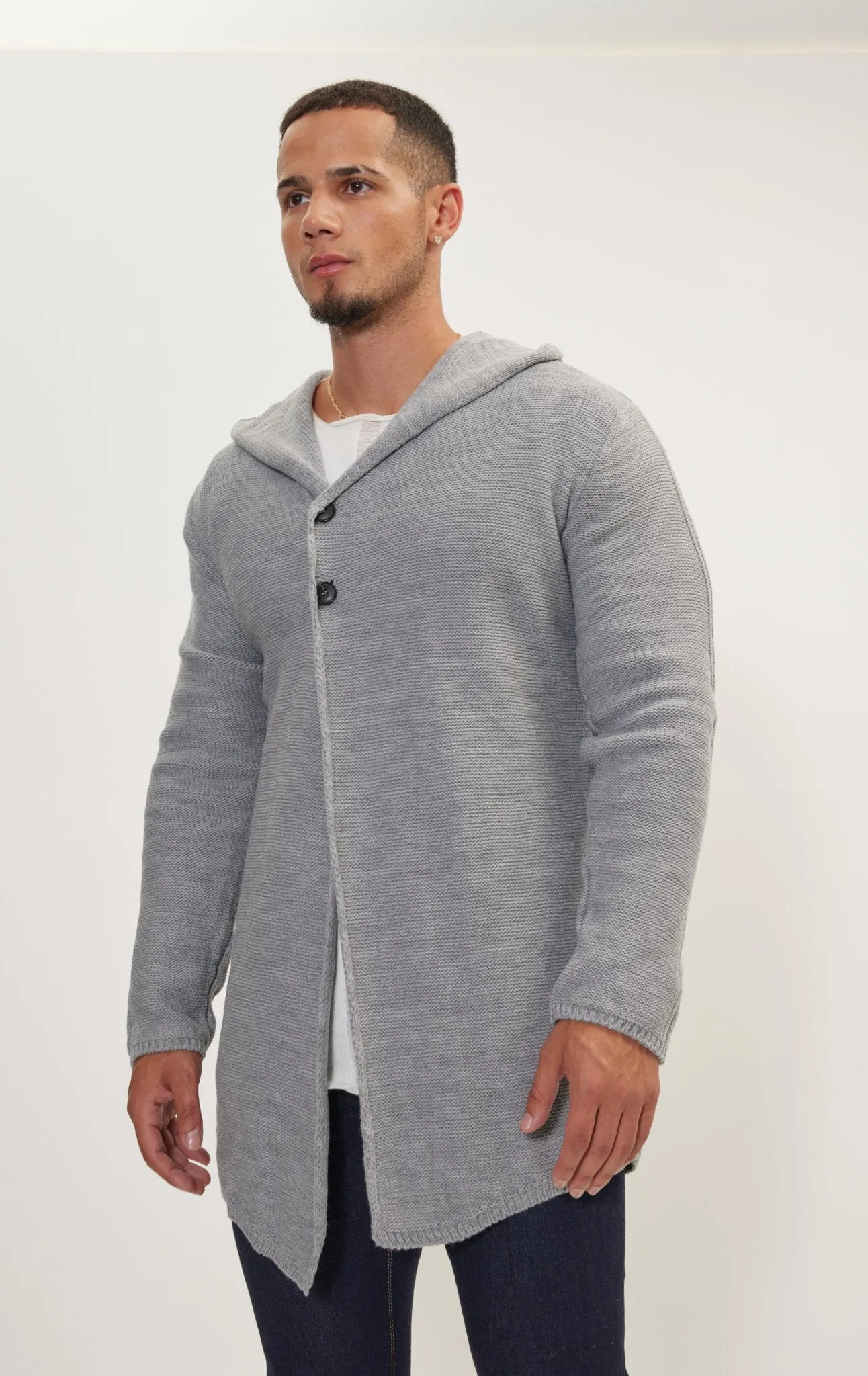 Hooded Two Button Knit Cardigan - Grey