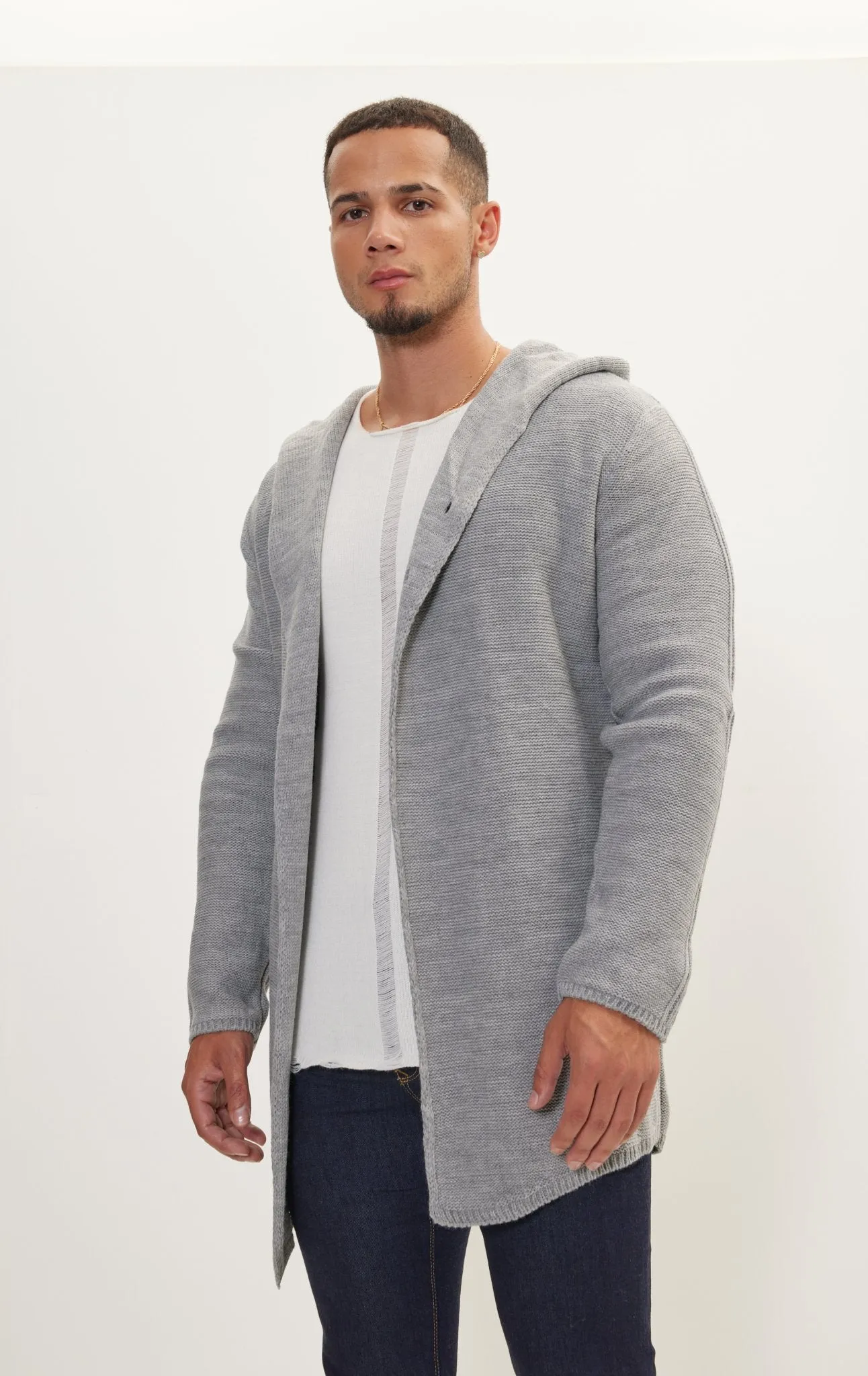 Hooded Two Button Knit Cardigan - Grey