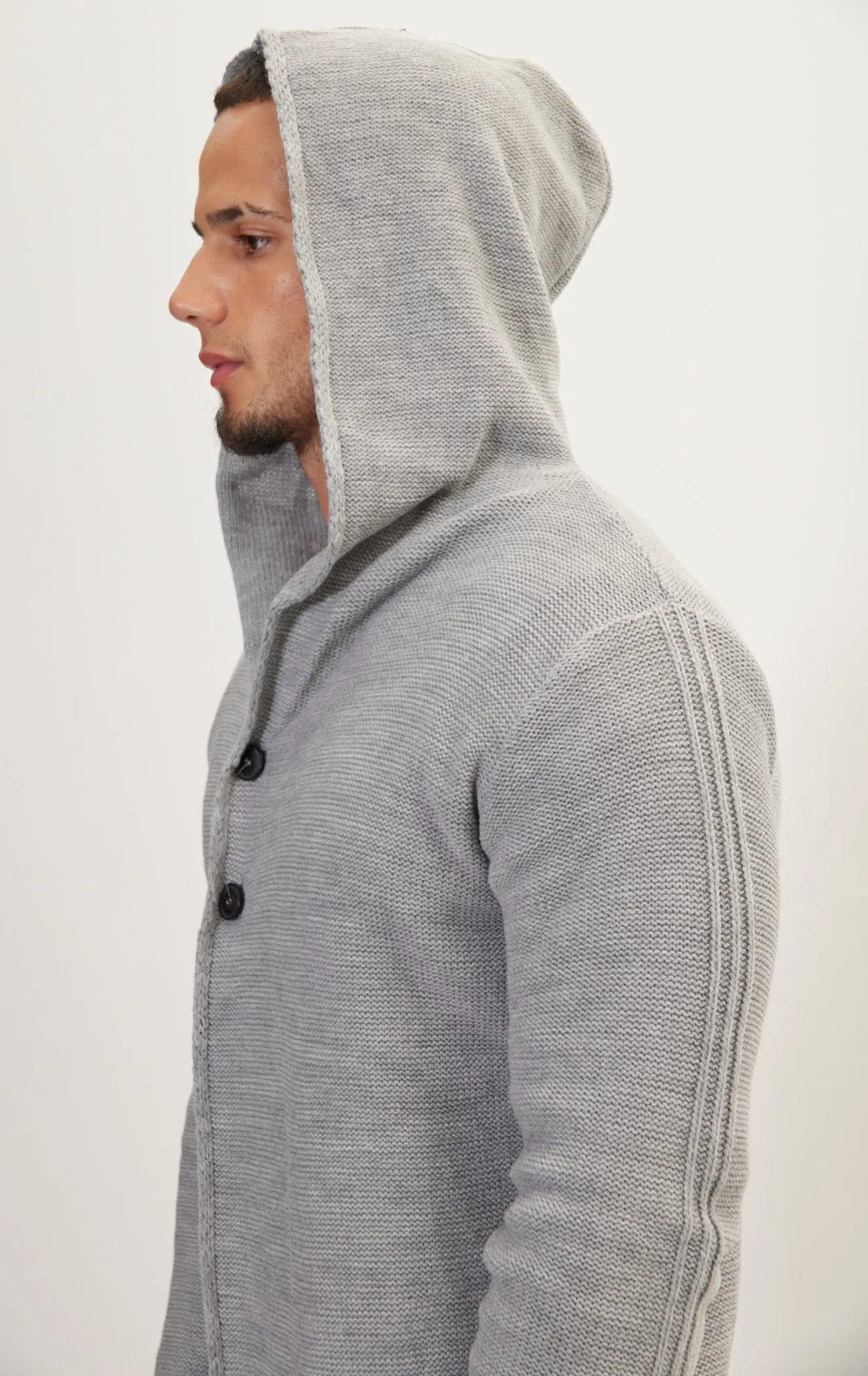 Hooded Two Button Knit Cardigan - Grey