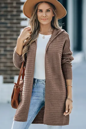 Horizontal Rib Knitted Open Front Hooded Cardigan