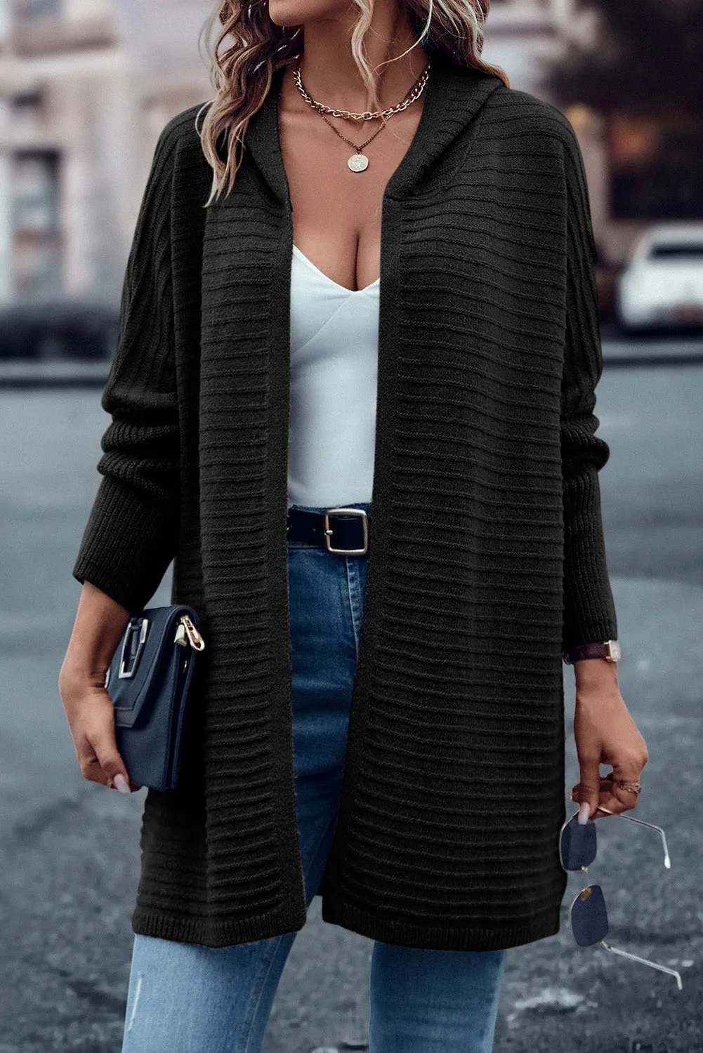 Horizontal Rib Knitted Open Front Hooded Cardigan