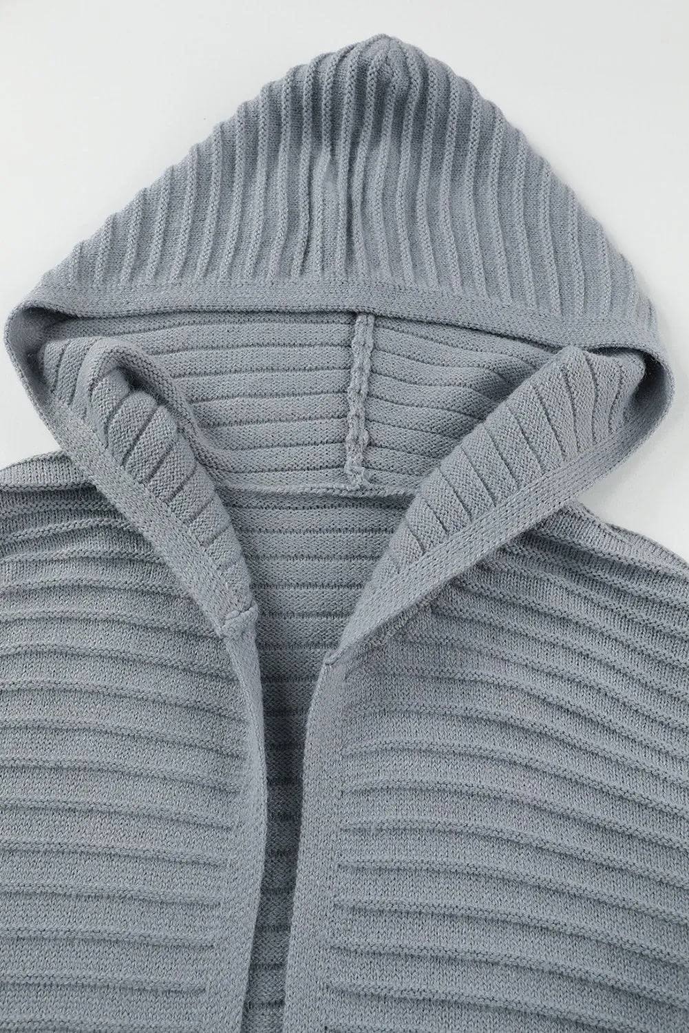 Horizontal Rib Knitted Open Front Hooded Cardigan