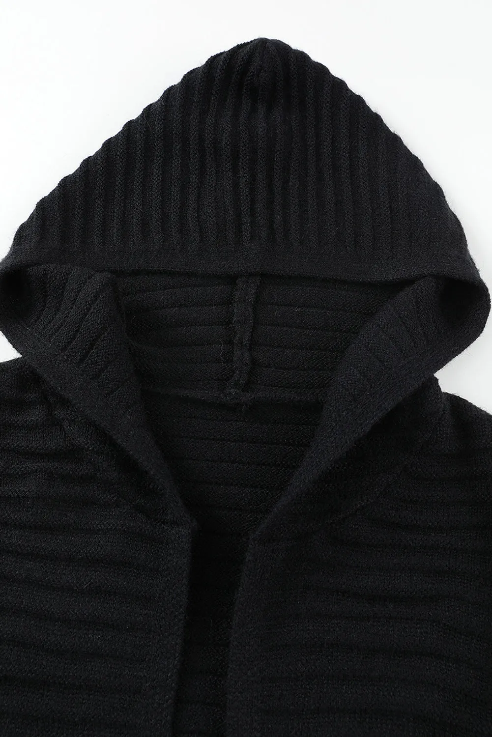 Horizontal Rib Knitted Open Front Hooded Cardigan