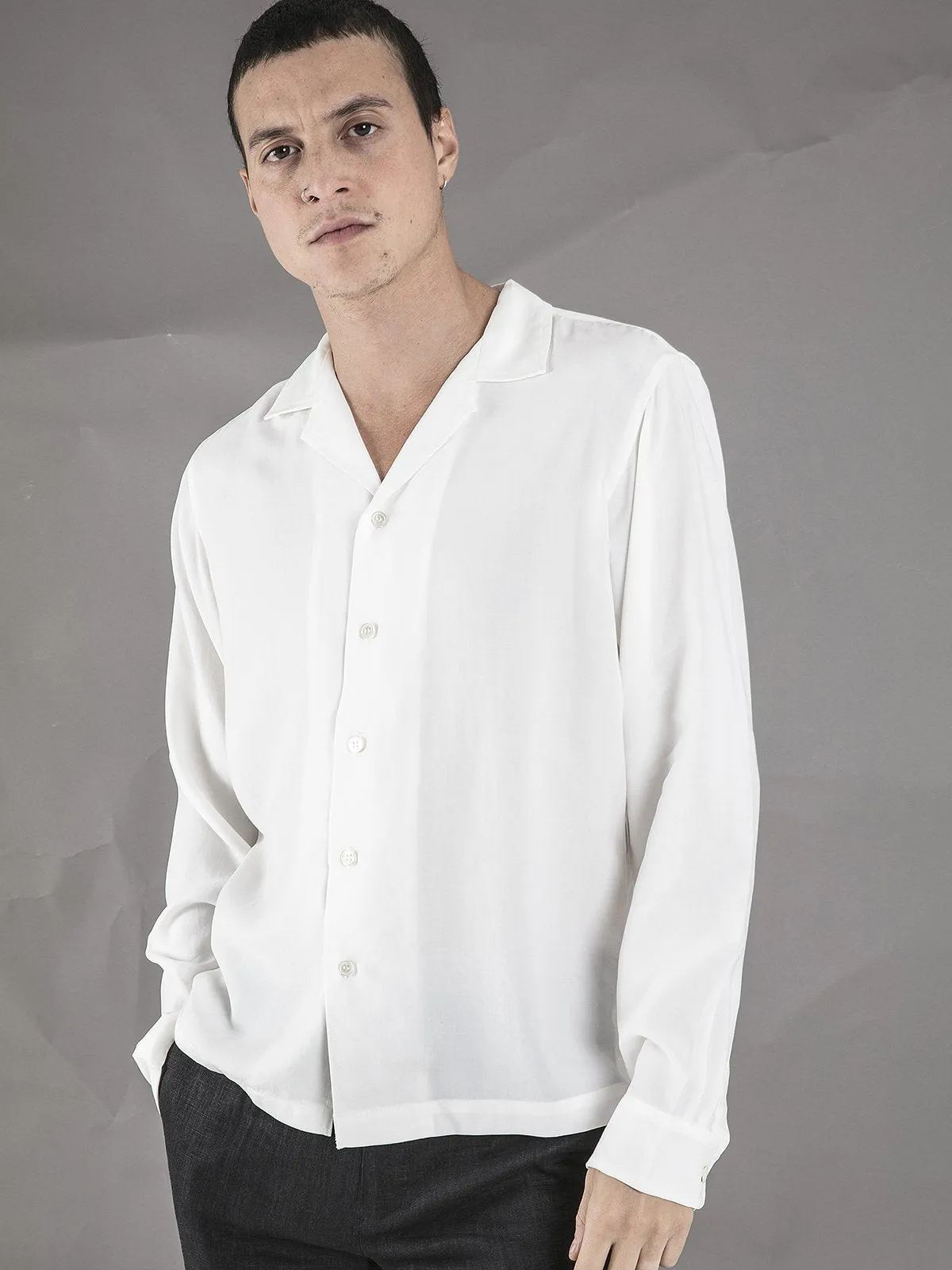 Long Sleeve Camp Collar Shirt - White