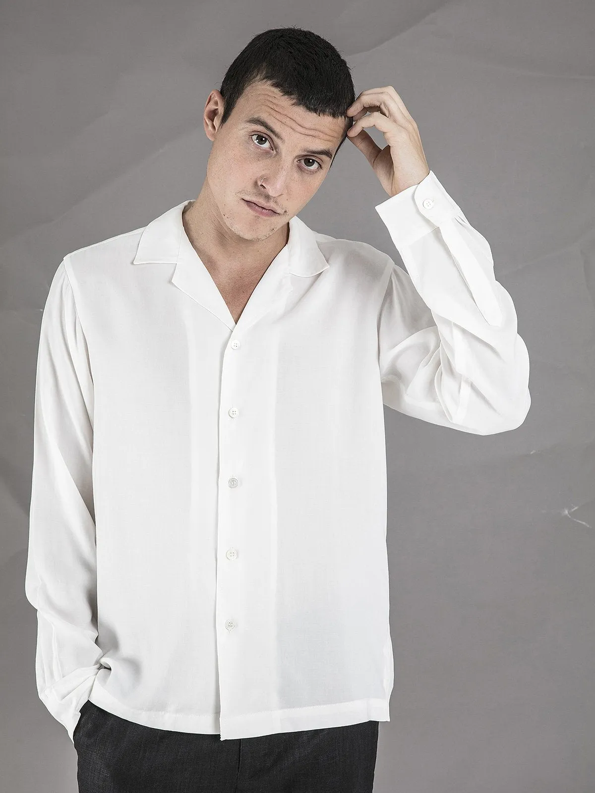 Long Sleeve Camp Collar Shirt - White