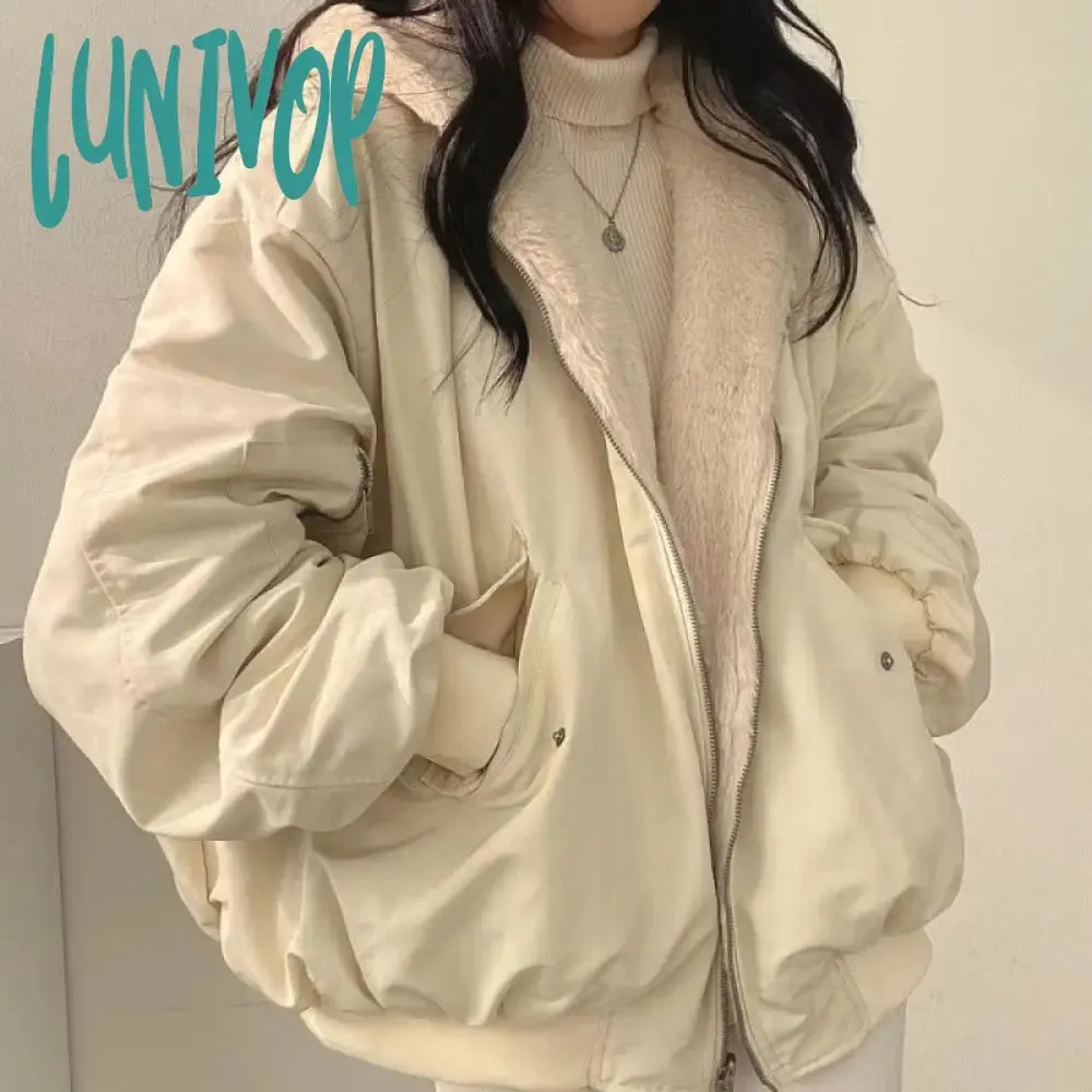 Lunivop 2000s fashion Fleece-lined Thickened Double-Sided Lamb Wool Cotton-Padded Coat Women's Coat Winter New Loose Hooded Cotton-Padded Coat Top