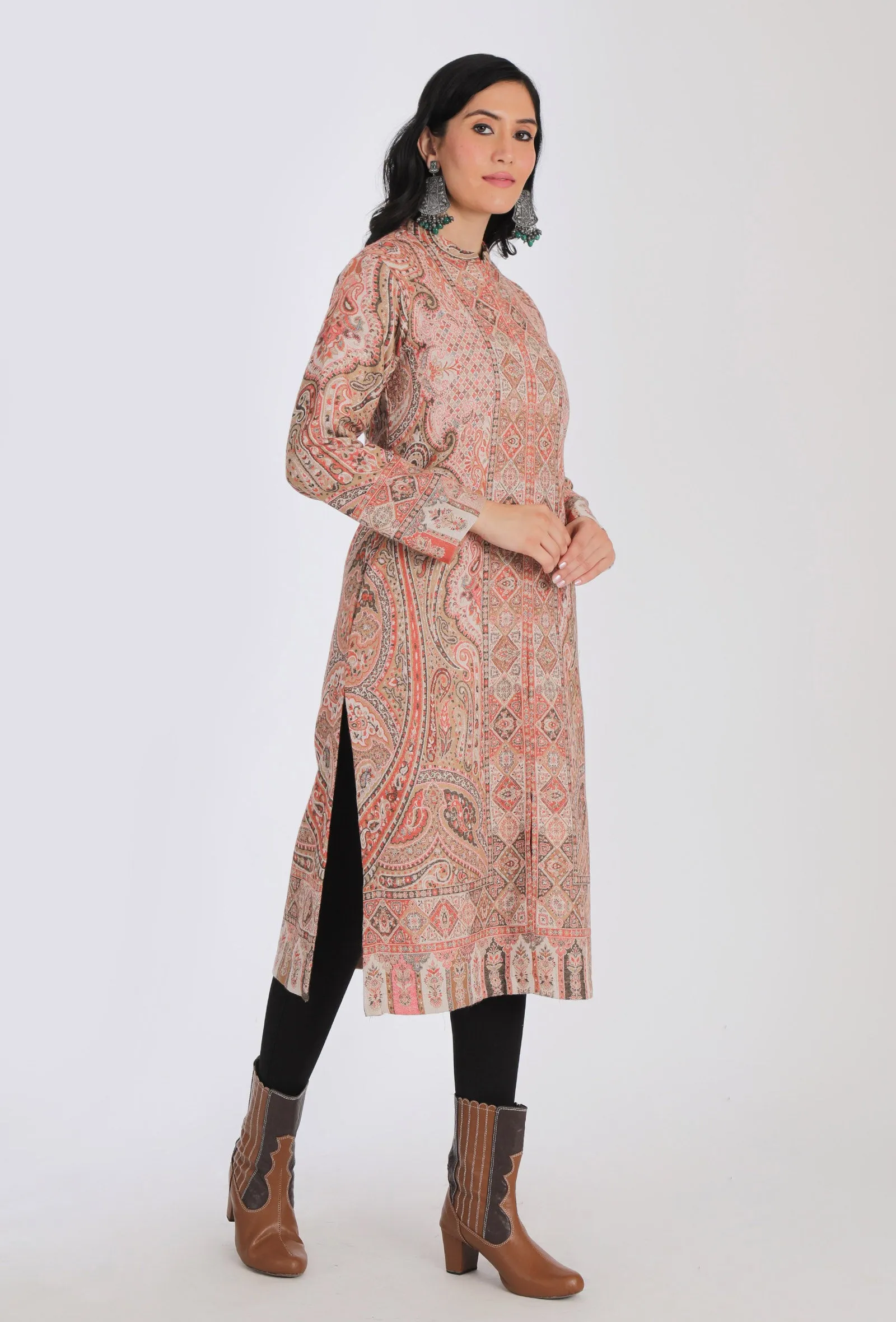 Manhoor salmon pink Kani Jamavar Long Coat Outer Jacket