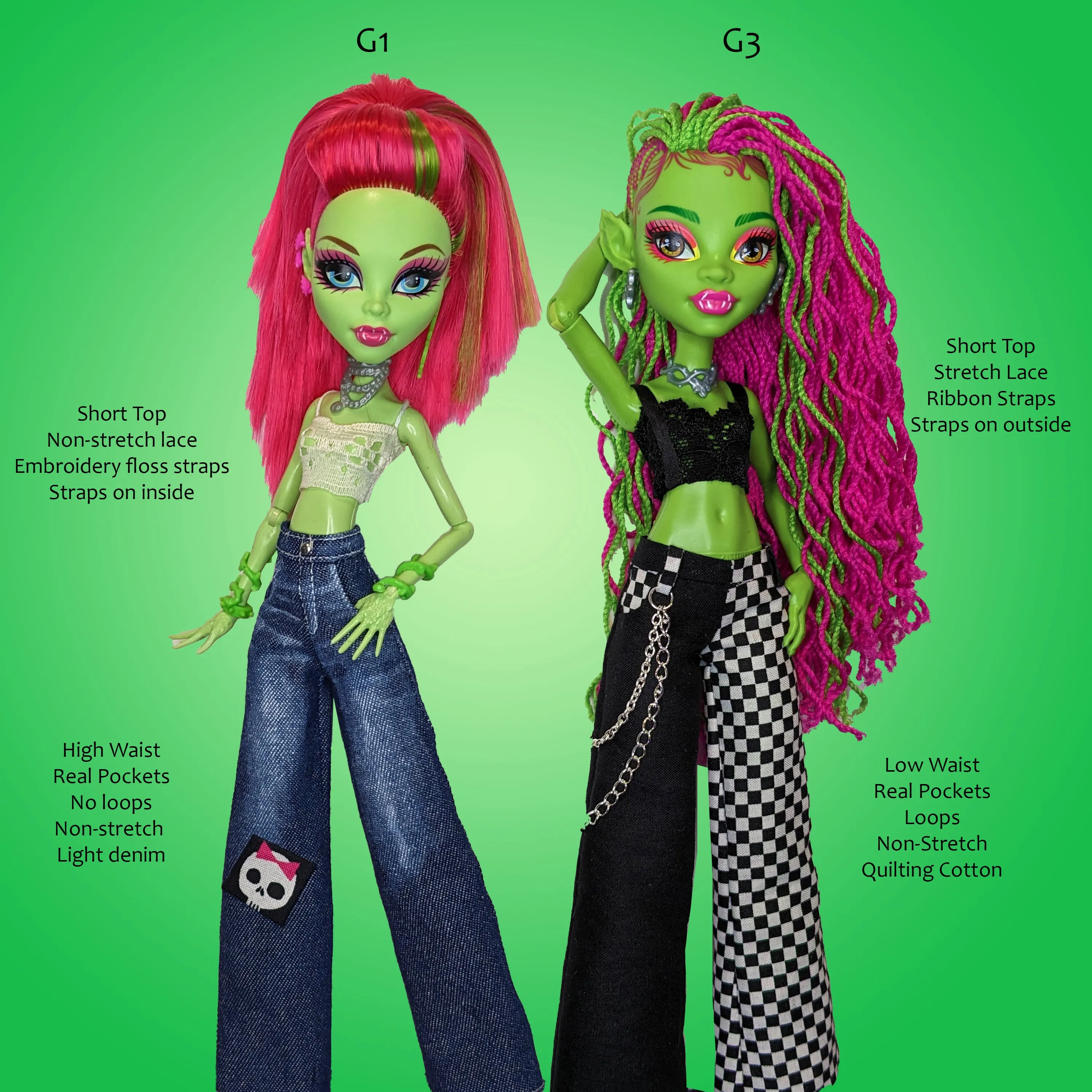 PC Rave! 10" Curvy Fashion Doll - Crop top camisole and wide leg flare jeans or pants - Downloadable RAD Doll Clothes PDF Sewing Pattern