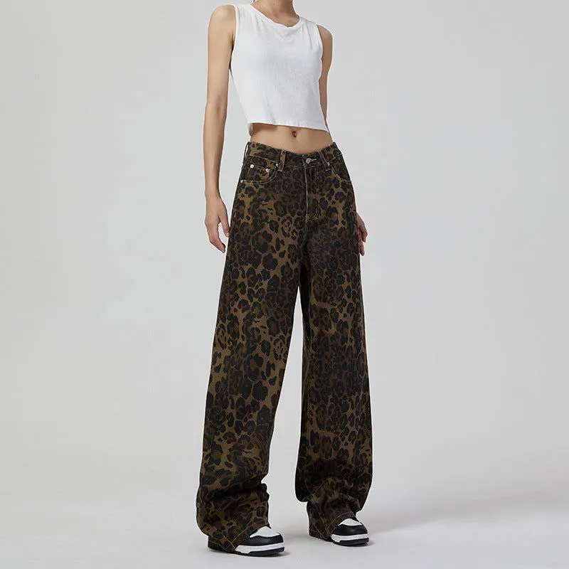 Retro Wide Leg Jeans Women High Street Leopard Print Loose Slimming Wide Leg Pants Jeans