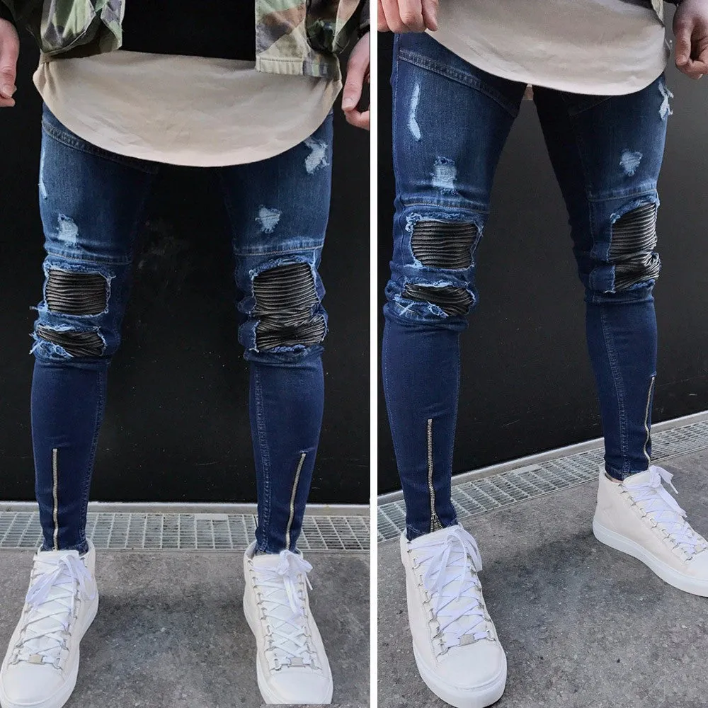 Ripped Slim Fit Motorcycle Vintage Denim Jeans