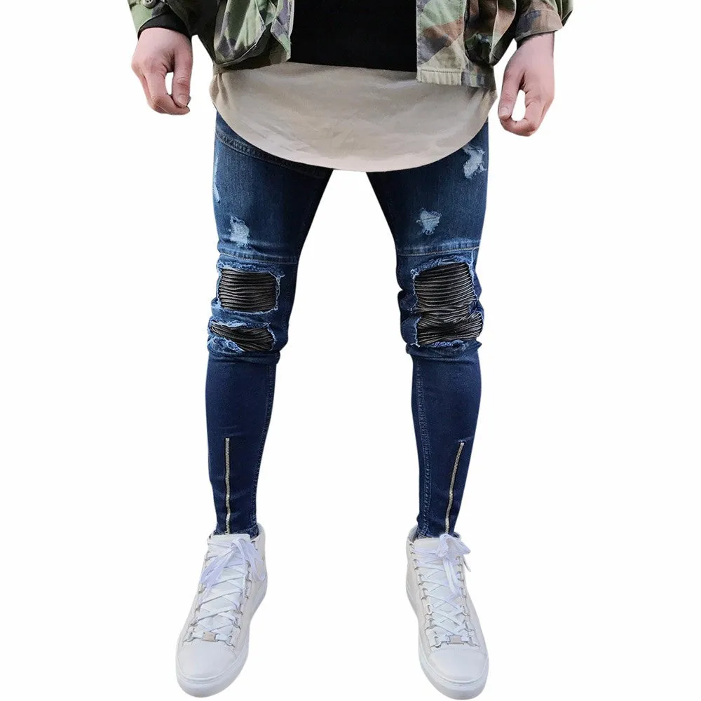 Ripped Slim Fit Motorcycle Vintage Denim Jeans