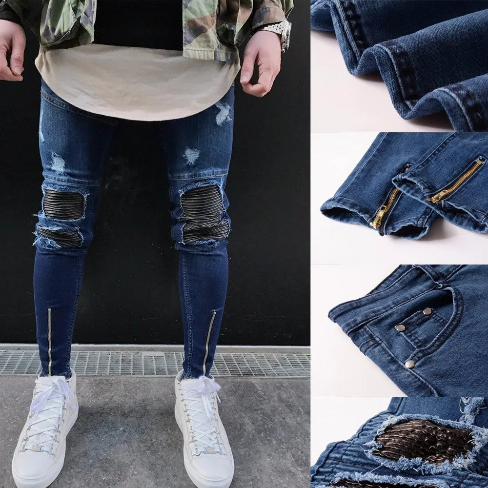 Ripped Slim Fit Motorcycle Vintage Denim Jeans