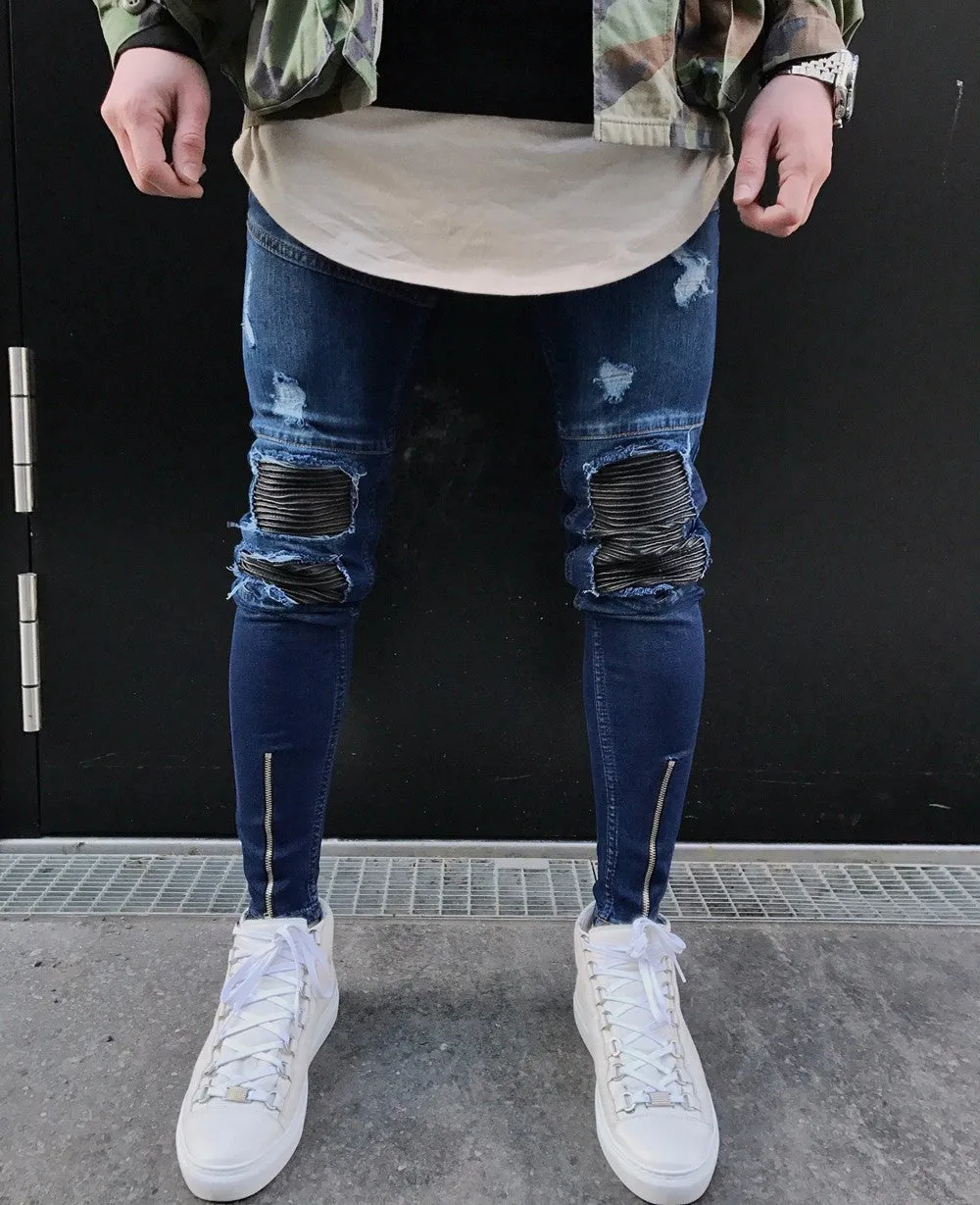 Ripped Slim Fit Motorcycle Vintage Denim Jeans