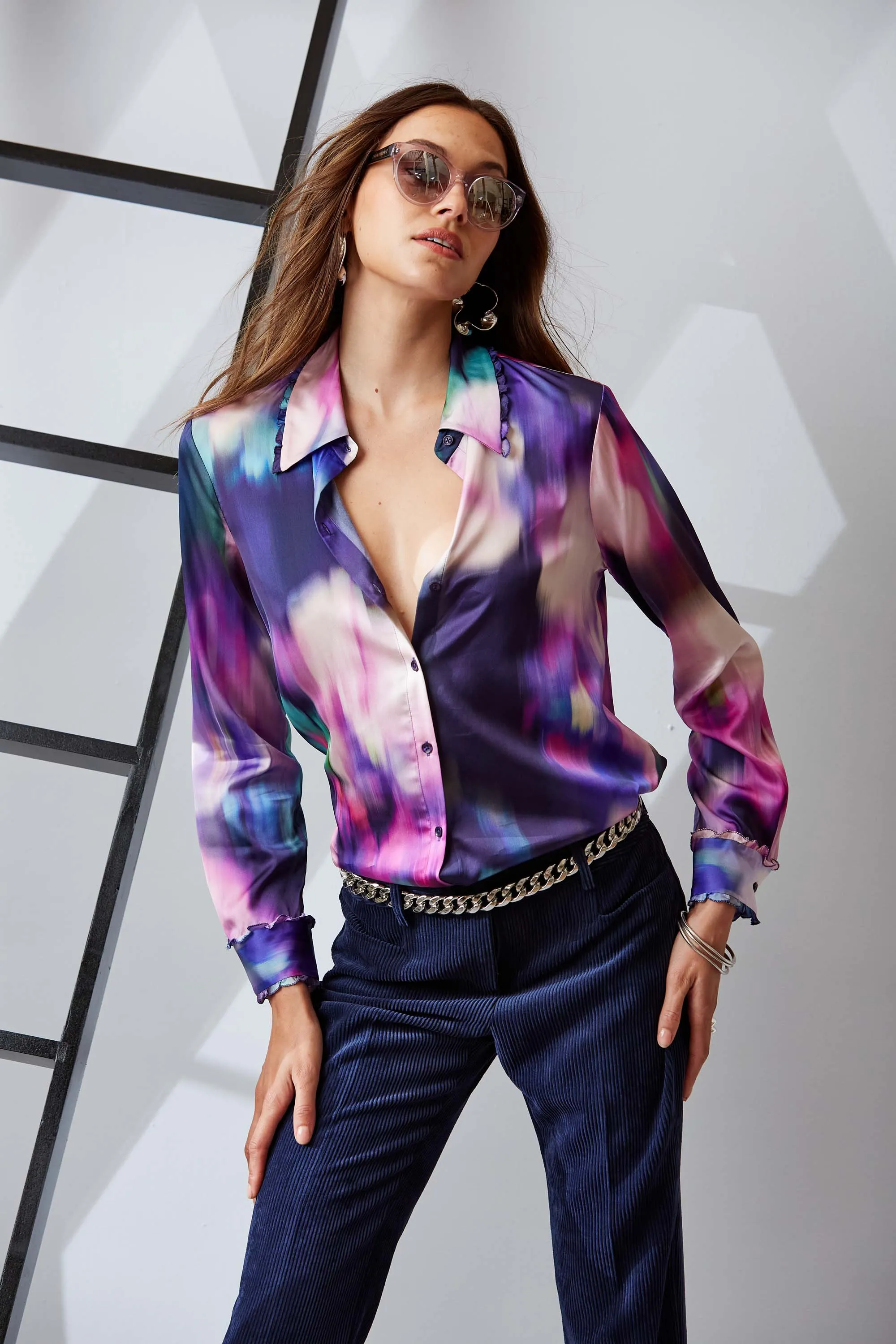 Silk Satin Moire Floral Shirt