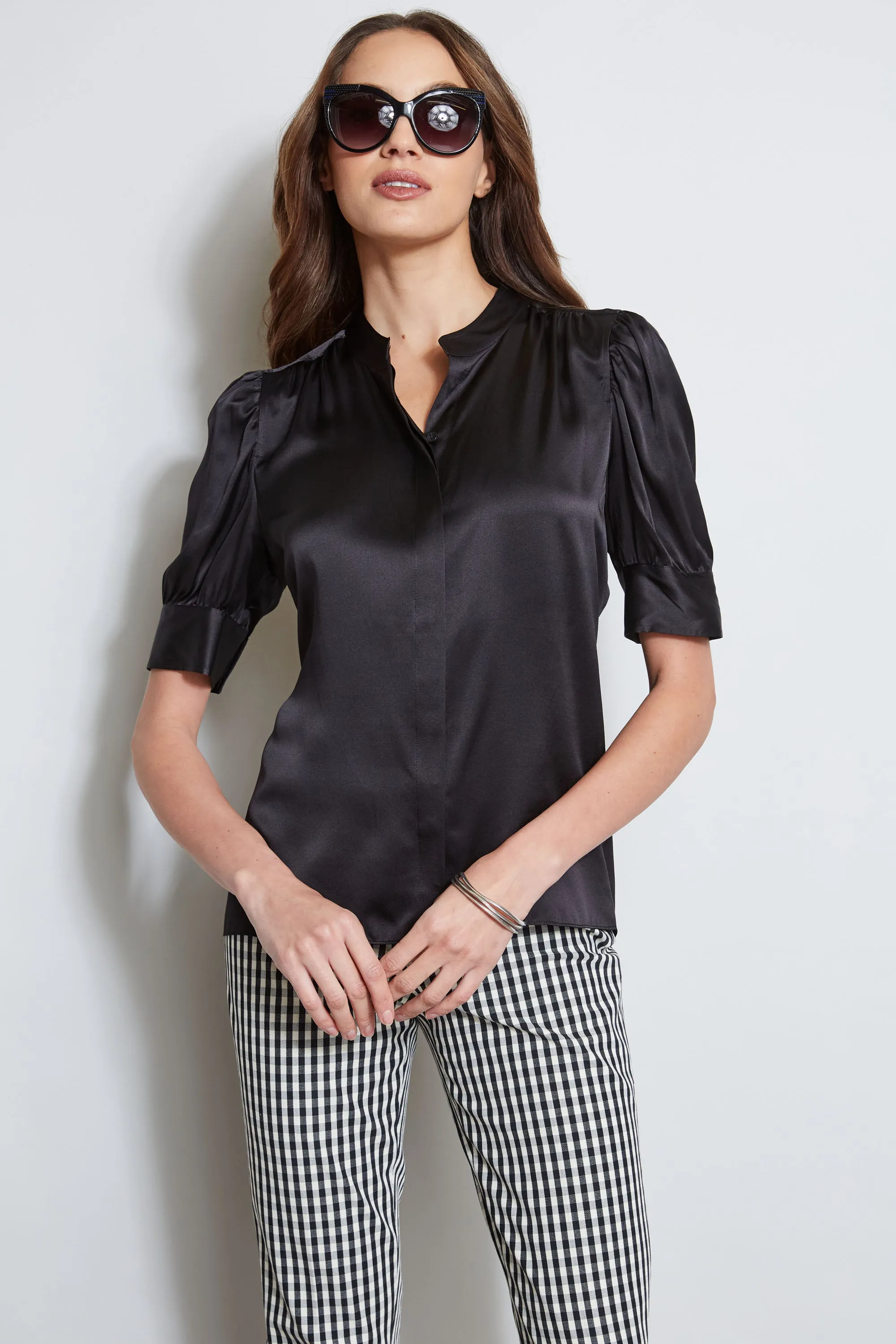 Silk Satin Ruched Sleeve Shirt