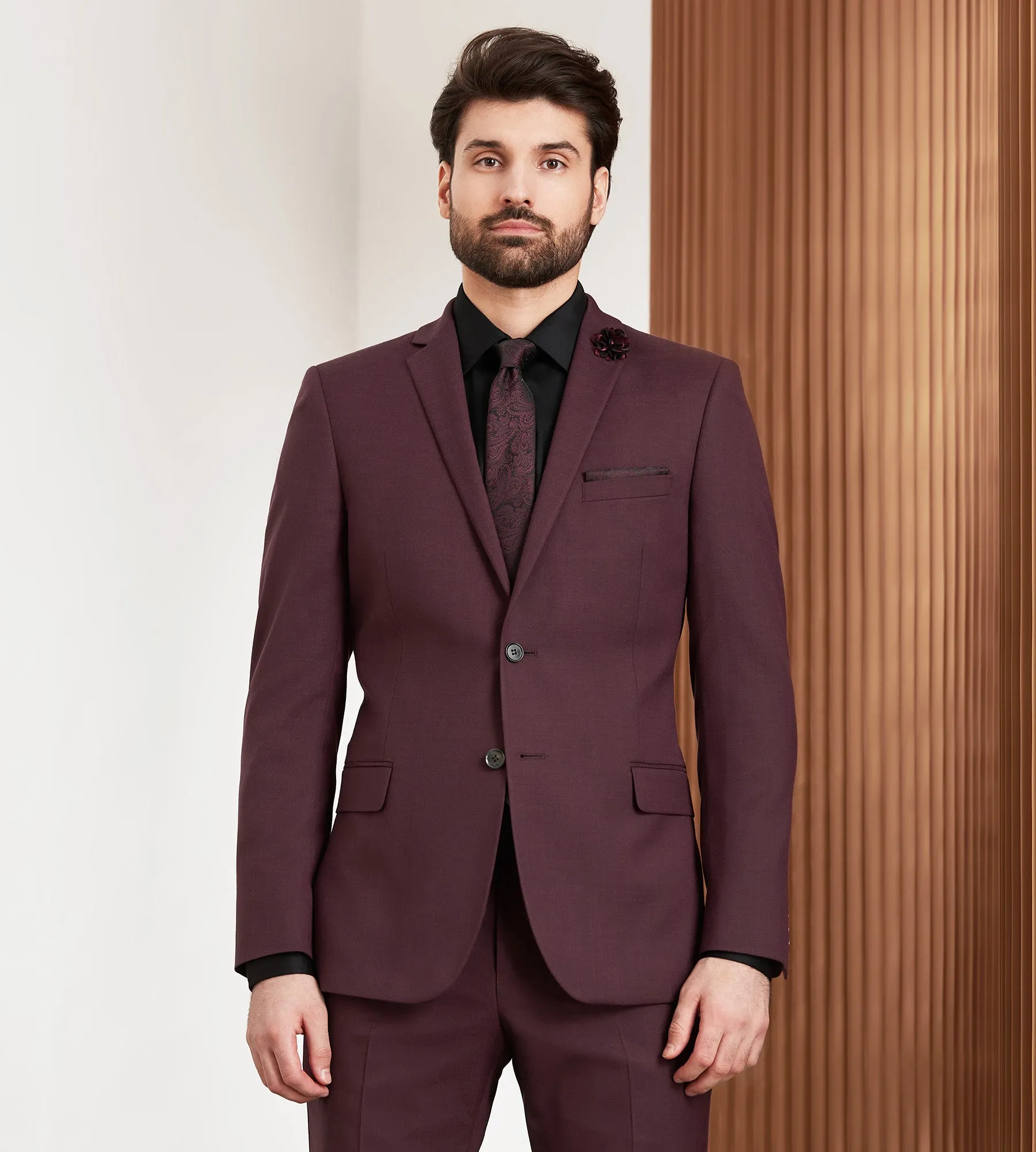 Slim Fit Burgundy Solid Suit