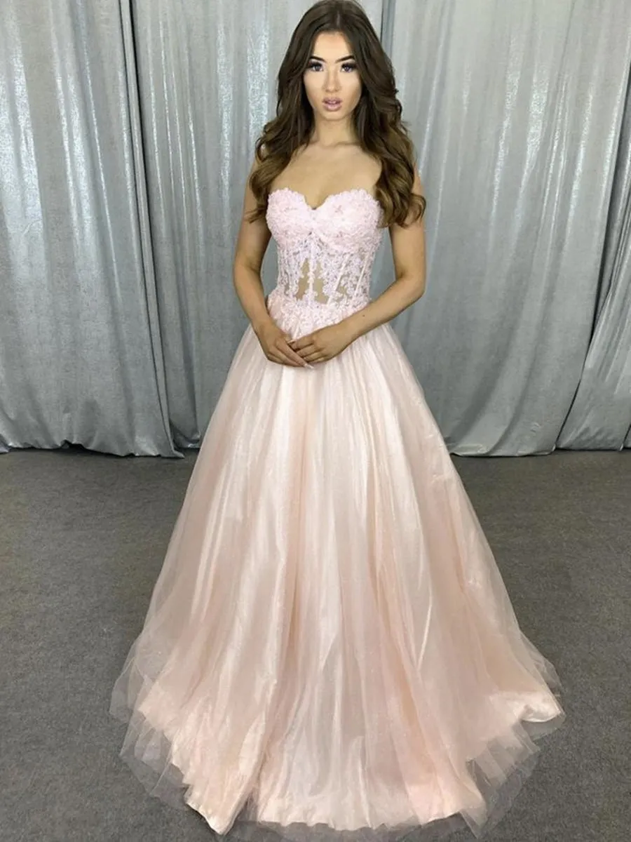 Sweetheart Neck Strapless Pink Lace Long Prom, Pink Lace Formal, Pink Evening