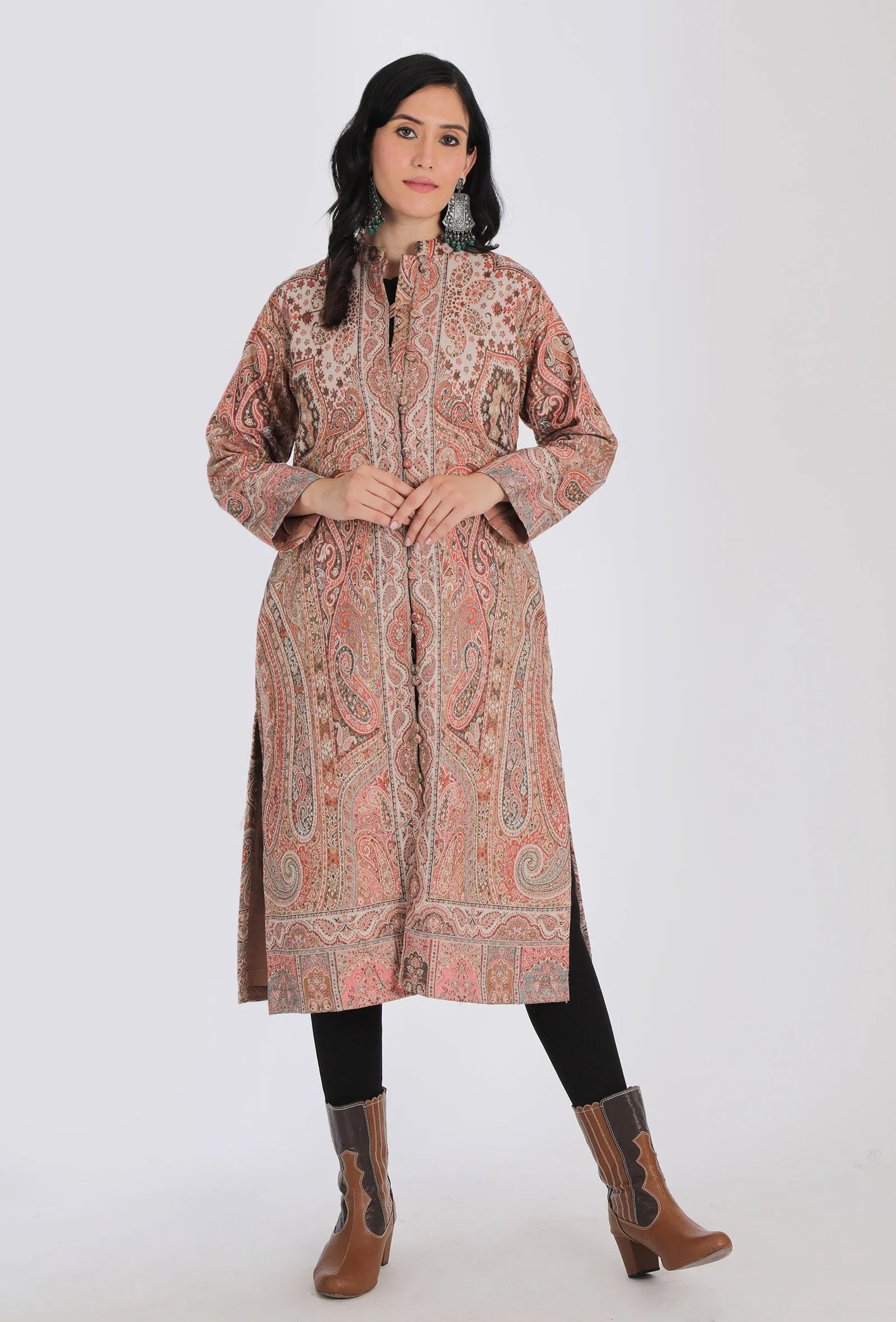 Tahira creme Kani Jamavar Long Coat Outer Jacket