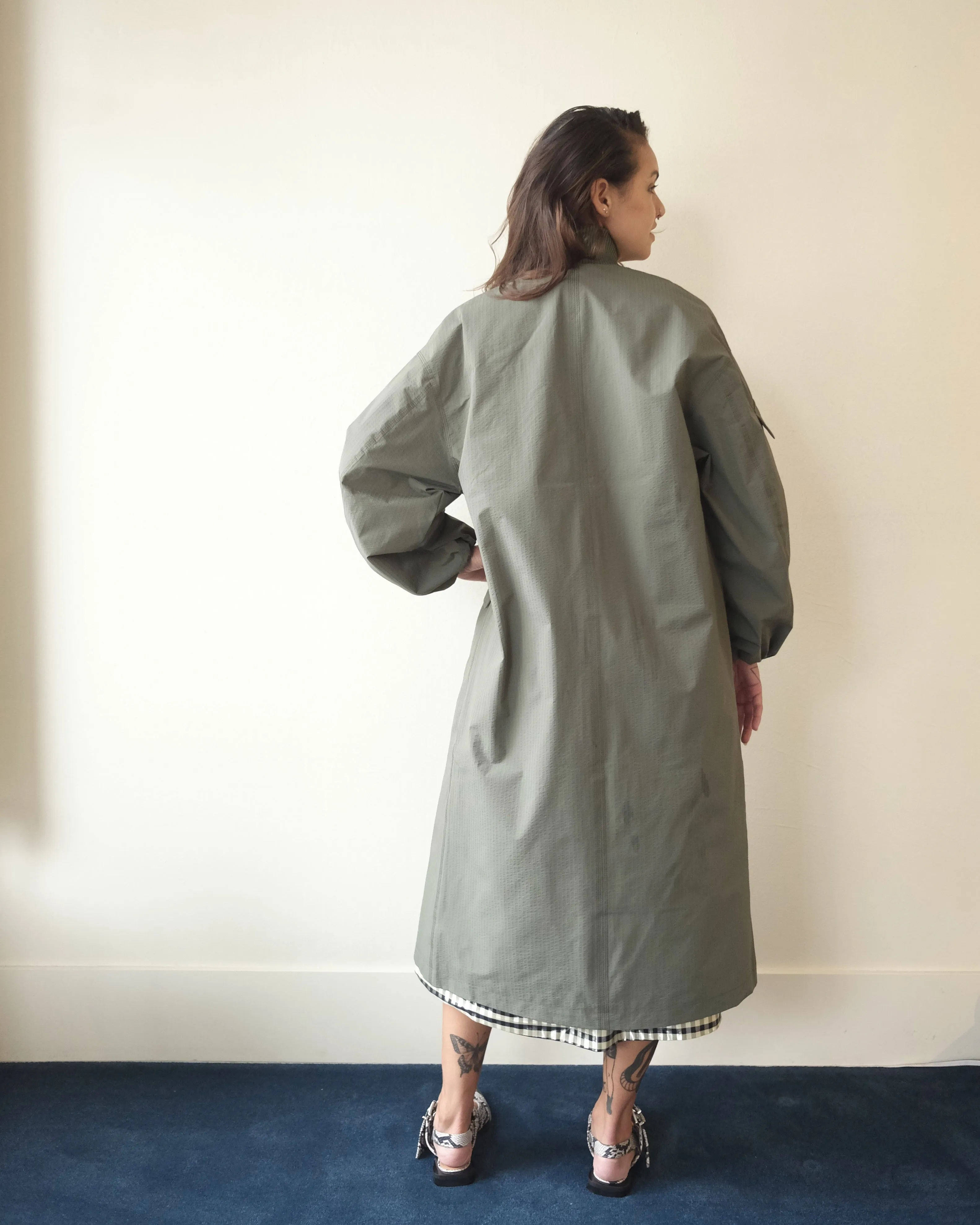 Tech Seersucker Oversize Shell Coat, Beetle Green