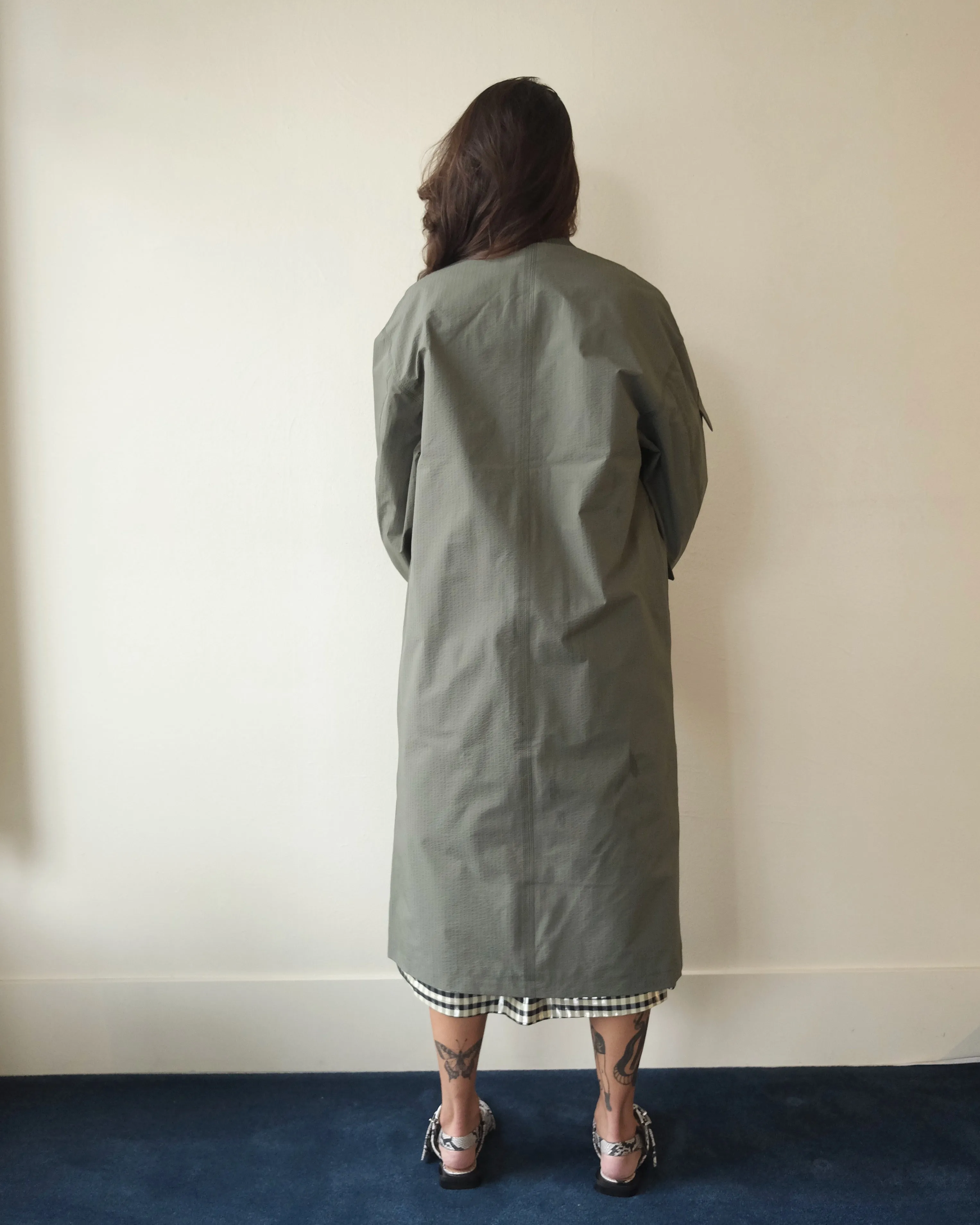 Tech Seersucker Oversize Shell Coat, Beetle Green