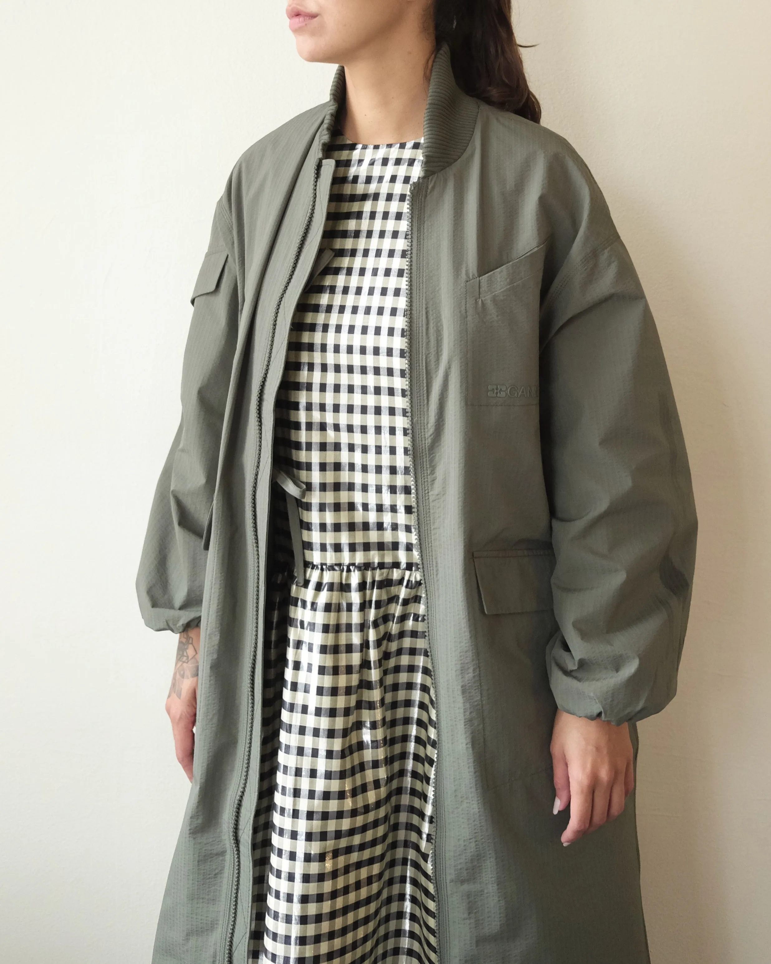 Tech Seersucker Oversize Shell Coat, Beetle Green