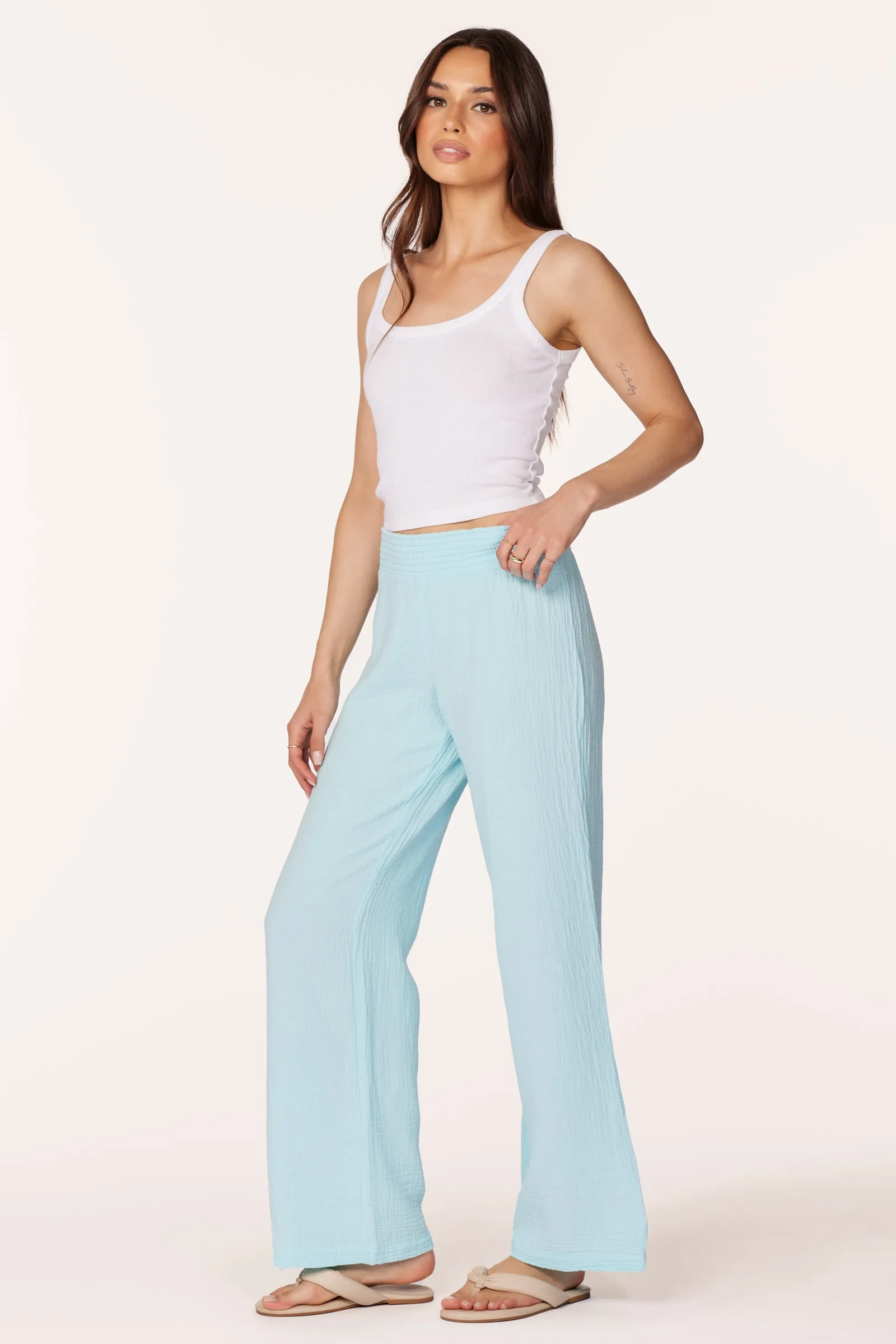 WIDE LEG SMOCKED WAIST PANT