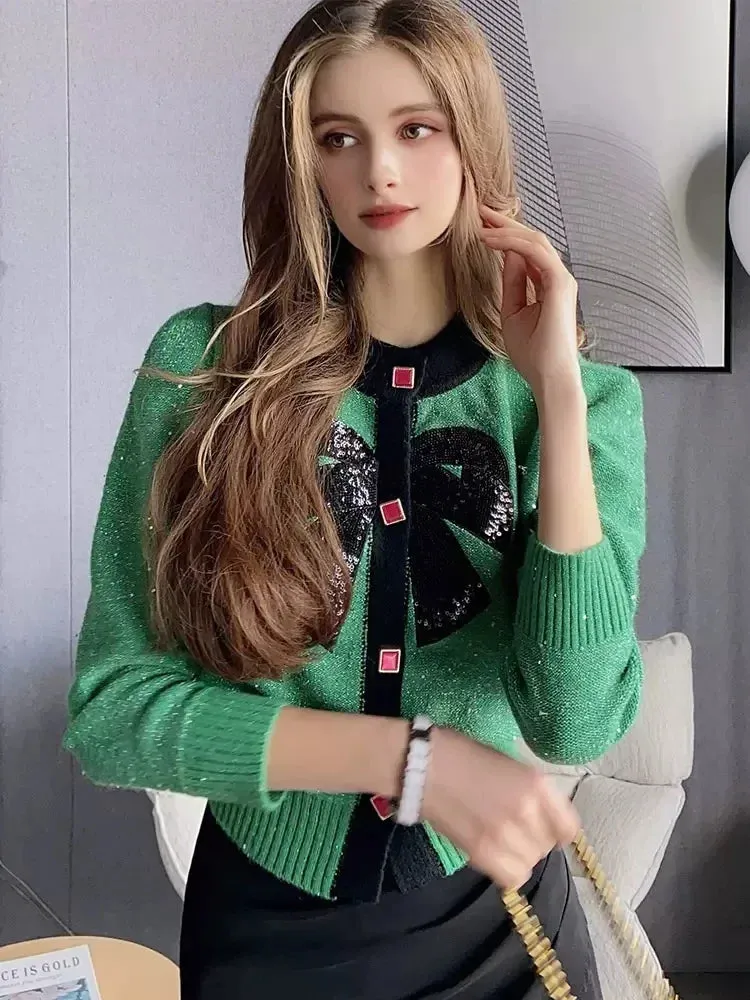 Women Vintage Knit Cardigan With Embroidery Long Sleeves Round Neck Ribbed Trims Cardigan Female Elegant Sweater Outerwear C-044