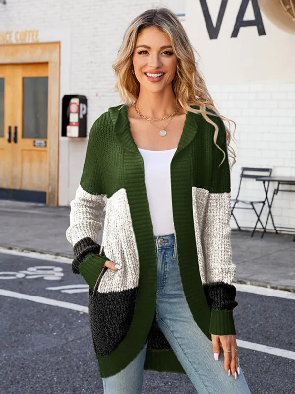 Women's Colour Contrast Open Front Hooded Cardigan