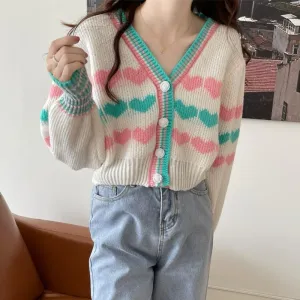 Women's Cute Double Color Heart Knitted Short Cardigan