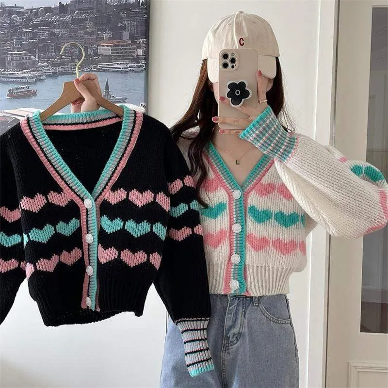 Women's Cute Double Color Heart Knitted Short Cardigan