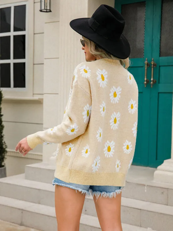 Women's Daisy Print Button Front Knit Cardigan