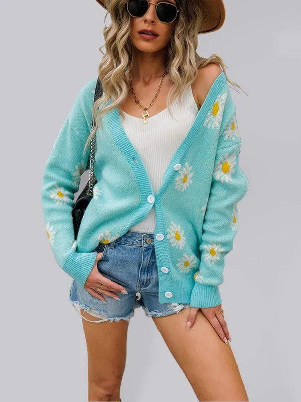 Women's Daisy Print Button Front Knit Cardigan