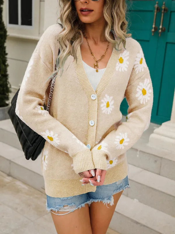 Women's Daisy Print Button Front Knit Cardigan