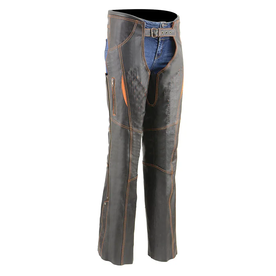 Women’s Laser Cut Accents Leather Chaps w/ Stretch Thighs