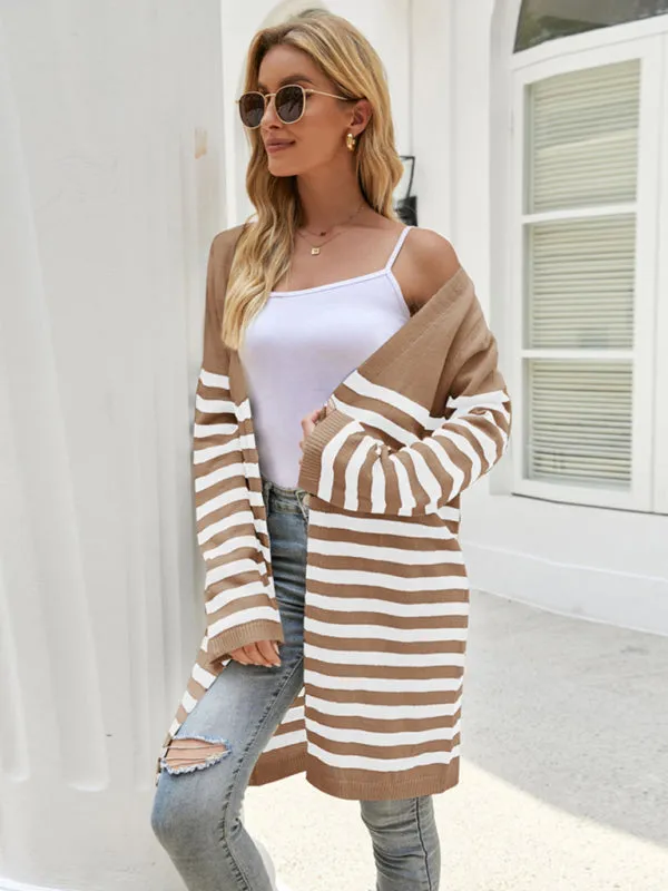 Women's Mid Length Open Front Casual Striped Cardigan