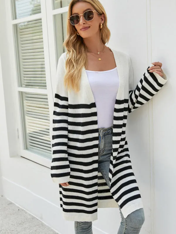 Women's Mid Length Open Front Casual Striped Cardigan